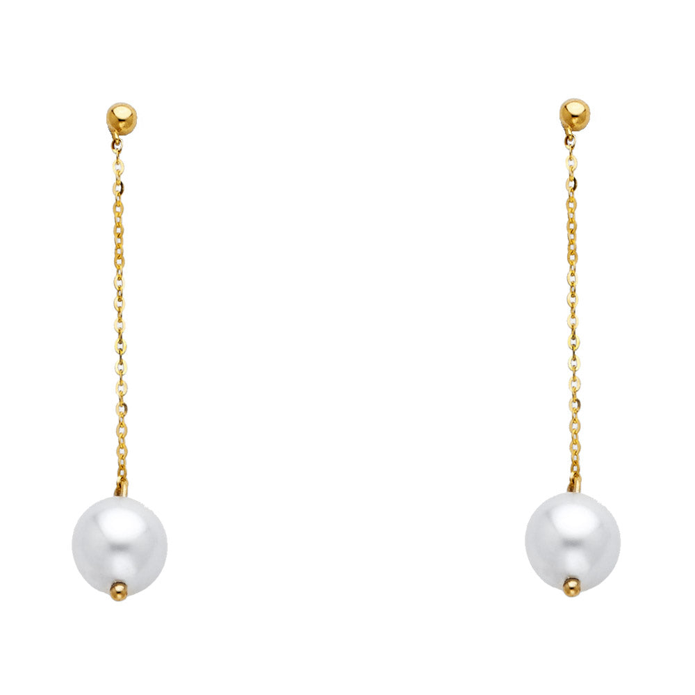 14k Yellow Gold Elongated Bead Drop Dangle Hanging Chain Earrings