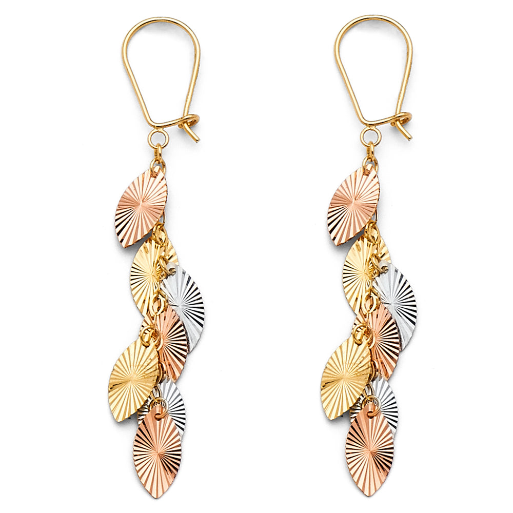 14k Tri-Color Gold Ornate Layered Feather Dangle Leaf Long Earrings