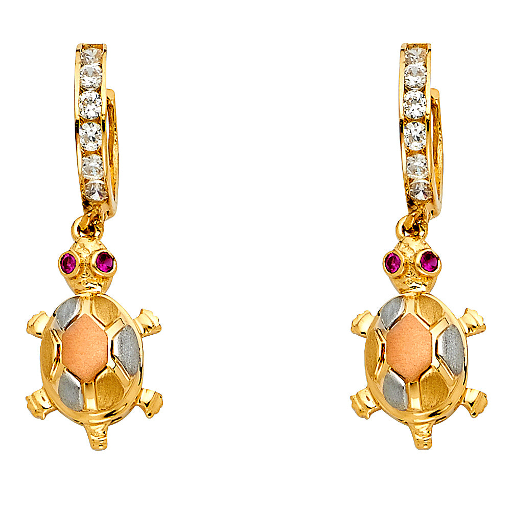 14k Tri-Color Gold Dangle Cute Turtle Animal Mosaic CZ Lever Back Earrings