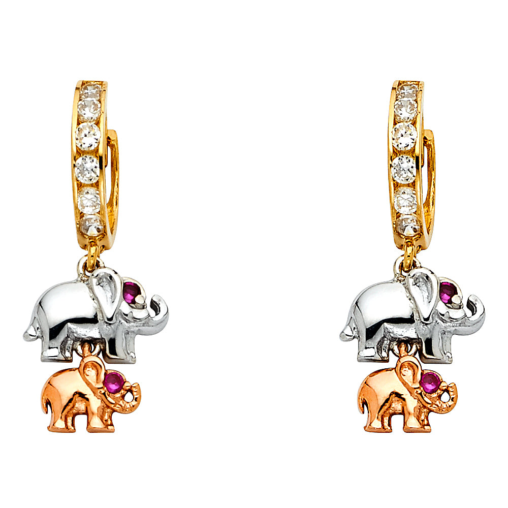 14k Tri-Color Gold Cute Mother & Baby Elephant Animal CZ Lever Back Earrings