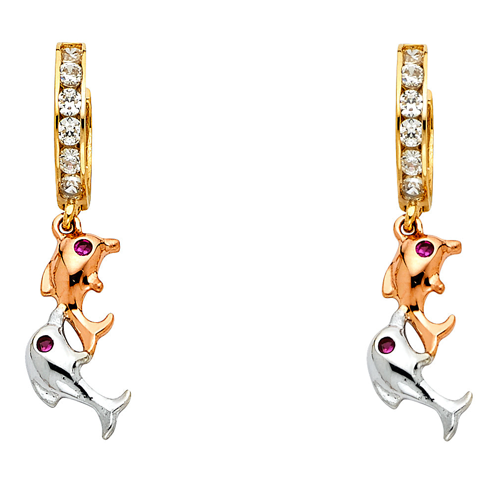 14k Tri-Color Gold Cute Dolphin Animal Family CZ Huggies Earrings