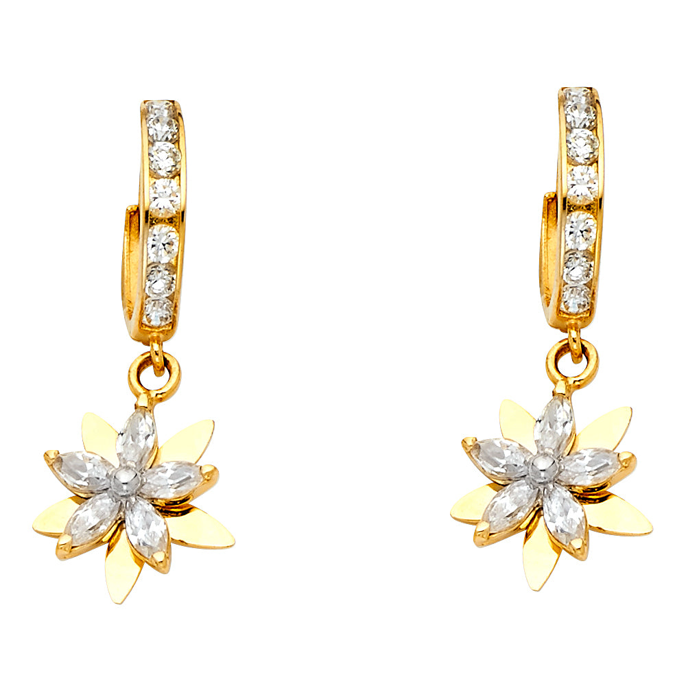 14k Yellow Gold Blooming Lotus Hanging Dangling Flower Nature Studded Earrings