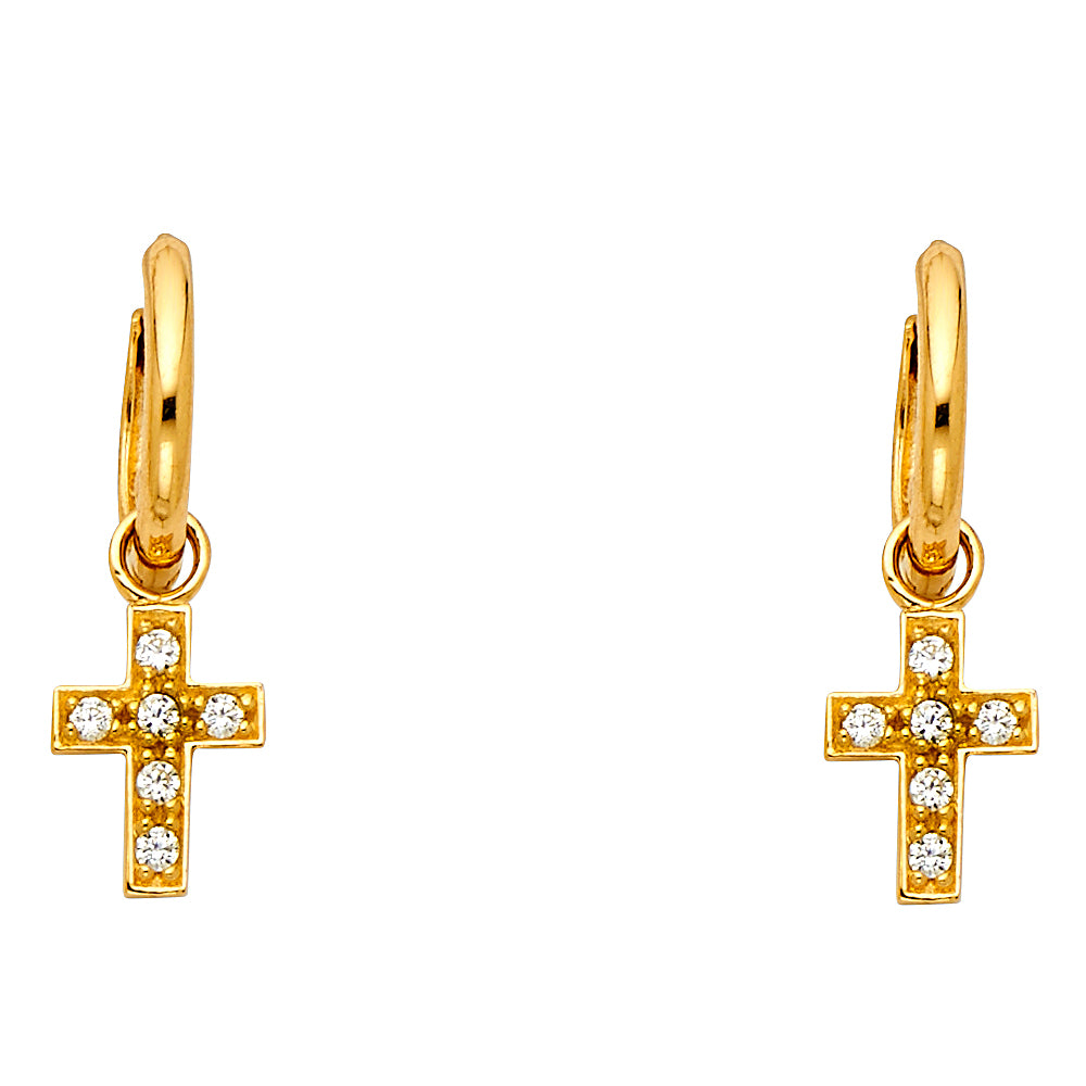 14k Yellow Gold Simple Studded Cross Hanging Dangling Hoop Earrings