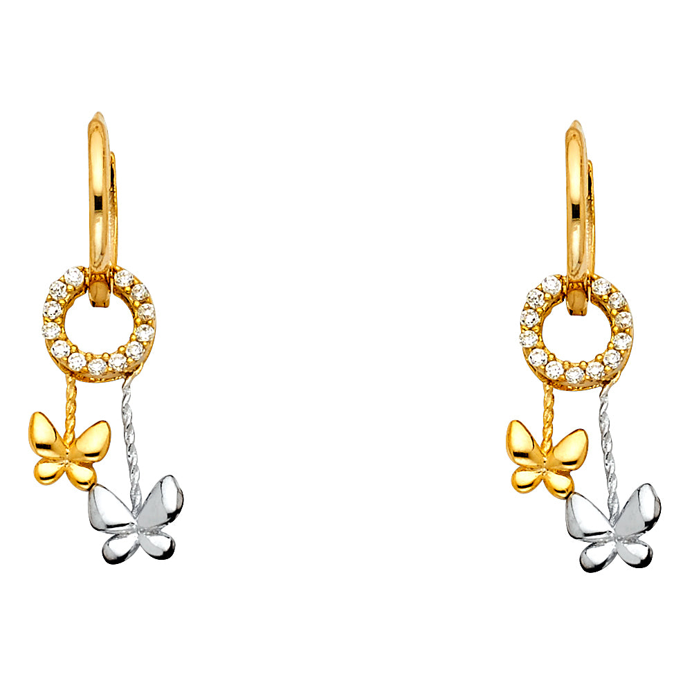 14k Two-Color Gold Hanging Hoop Butterfly Studded CZ Circle Huggies Earrings