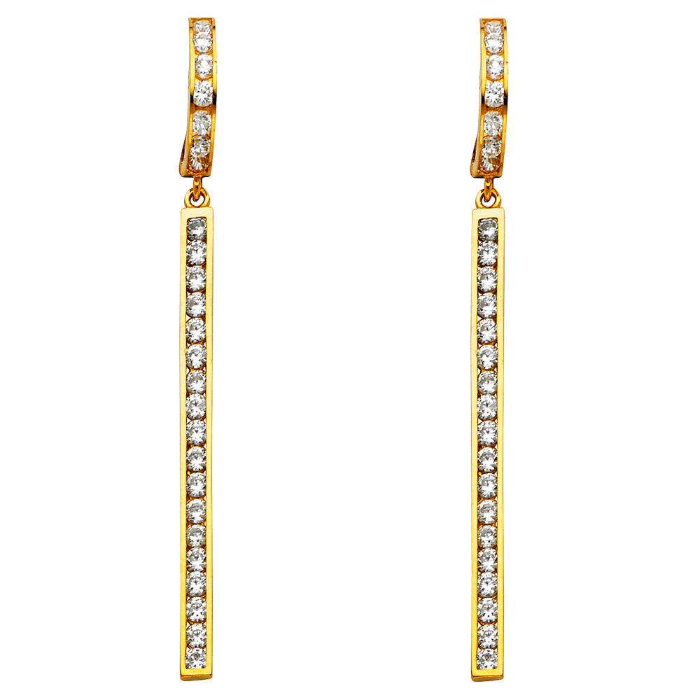 14k Yellow Gold Elongated Bar Studded Hanging Dangling Earrings
