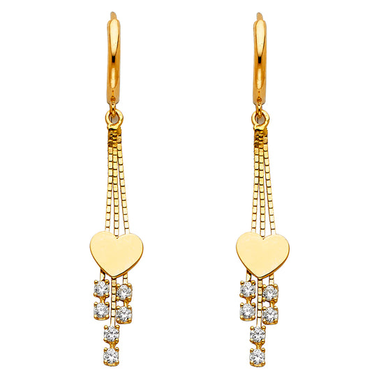 14k Yellow Gold Elegant Hanging Promise Heart Flat Dangling Chandelier Earrings