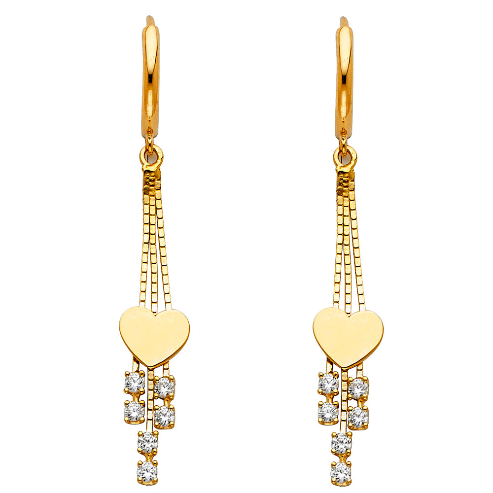 14k Yellow Gold Elegant Hanging Promise Heart Flat Dangling Chandelier Earrings