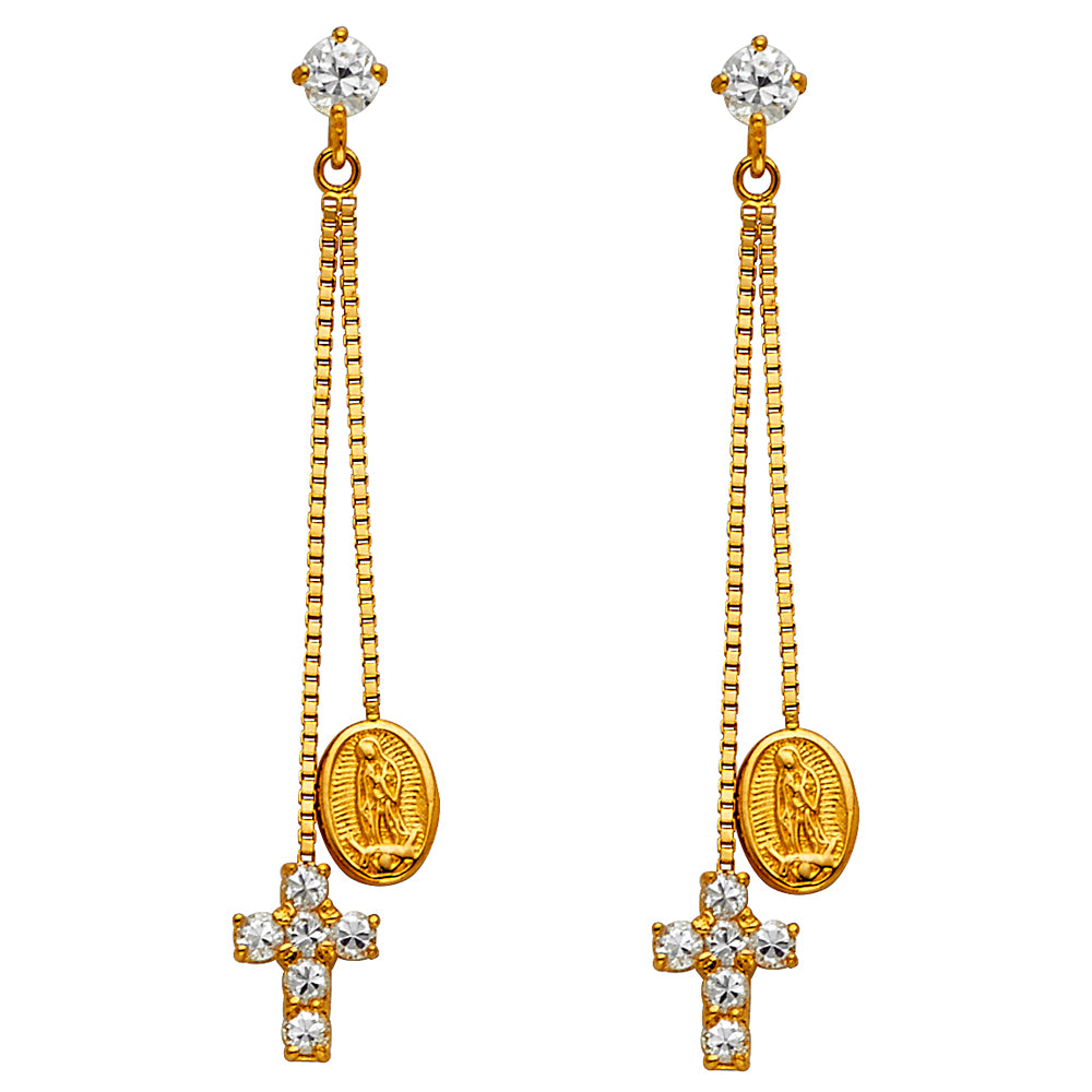 14k Yellow Gold Long Hanging Cross and Patron Saint Religious Catholic Earrings