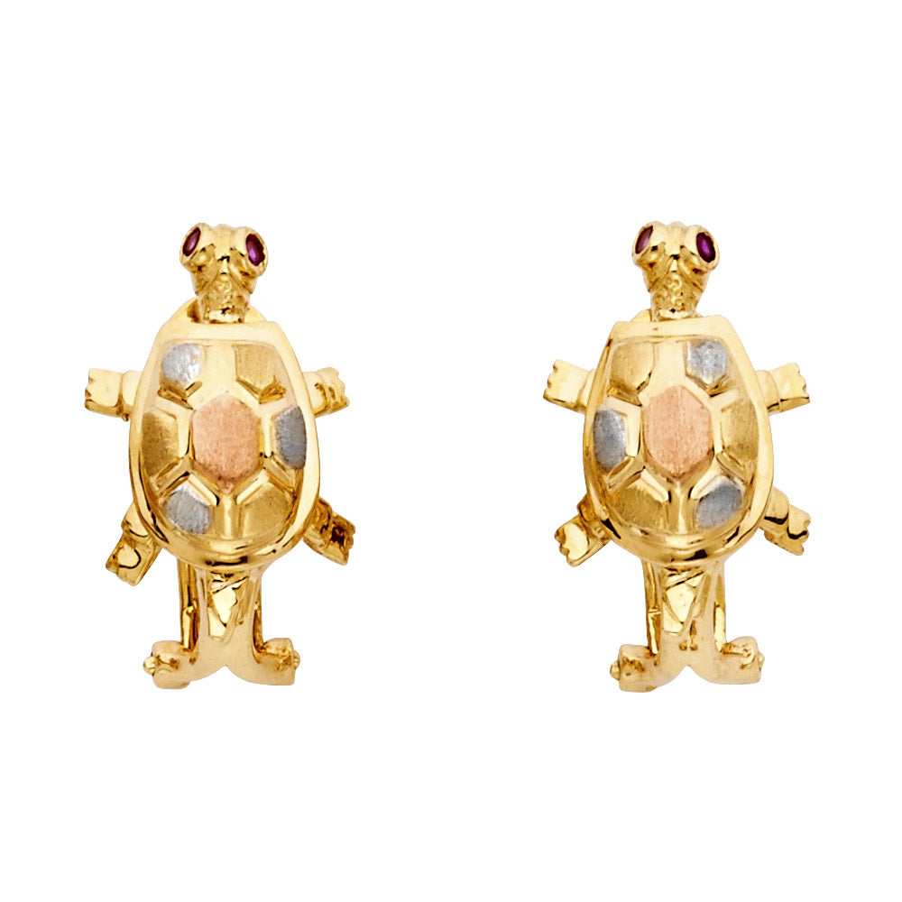 14k Tri-Color Gold Cute Turtle Animal Hexagon Shell CZ Earrings