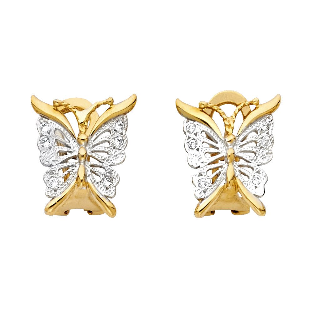 14k Two-Color Gold Butterfly Clear CZ Polished Fashion Earrings w/ Clip Lock