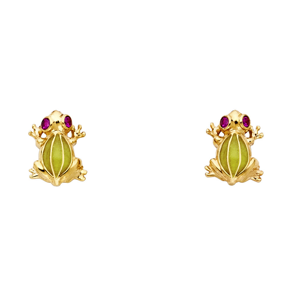 14k Yellow Gold Cute Frog Stud Animal Jungle Mosaic Earrings