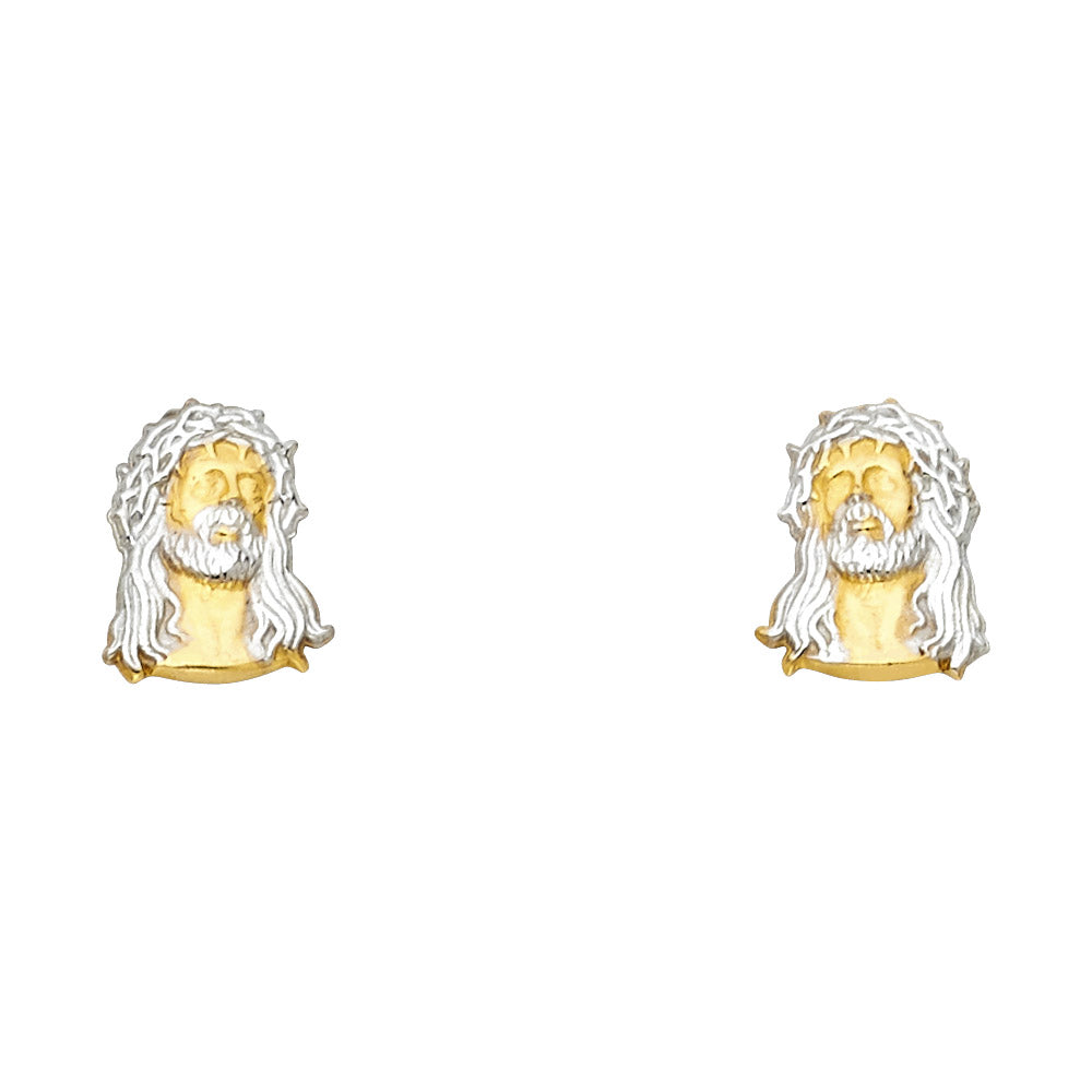 14k Two-Color Gold Jesus Christ Face Stud Earrings