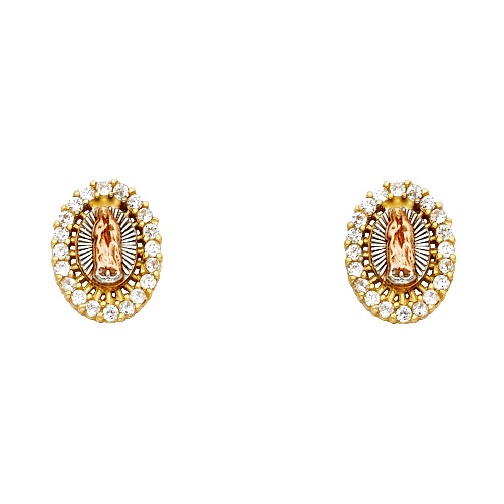 14k Tri-Color Gold Our Lady of Guadalupe Stud Saint Catholic Faith Earrings