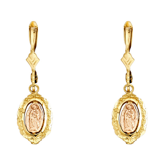 14k Two-Color Gold Scalloped Our Lady of Guadalupe Oval Catholic Earrings