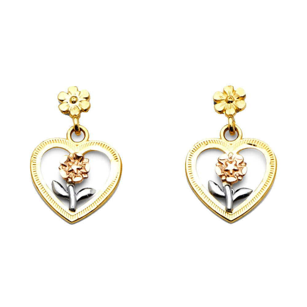 14k Tri-Color Gold Elegant Hanging Flower Vintage Cutout Dangling Earrings