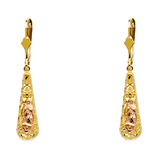 14k Two-Color Gold Teardrop Our Lady of Guadalupe Earrings Virgin Mary Hanging