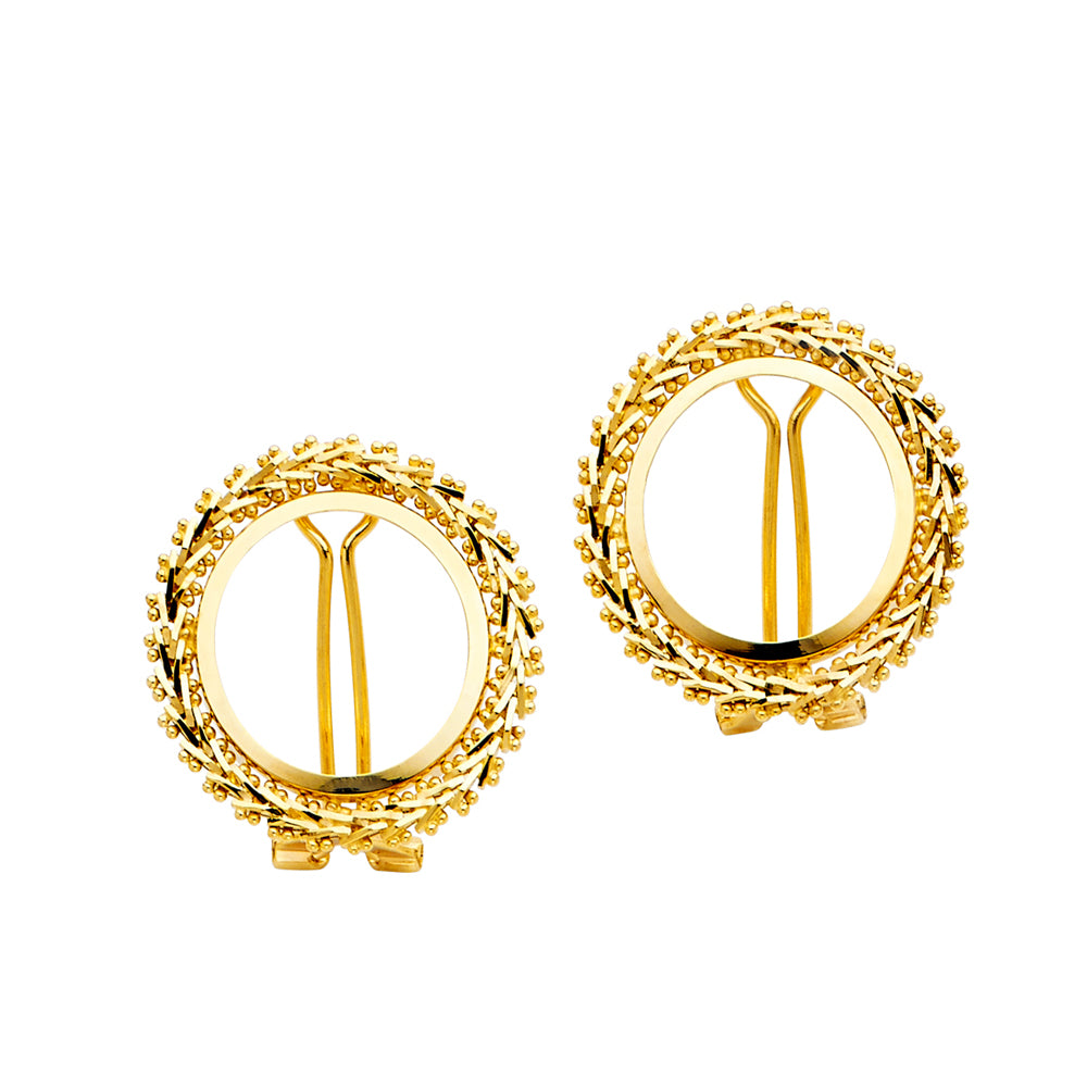 14k Yellow Gold Studded Floral Wreath Bow Ribbon Leaf Flower Circle Earrings