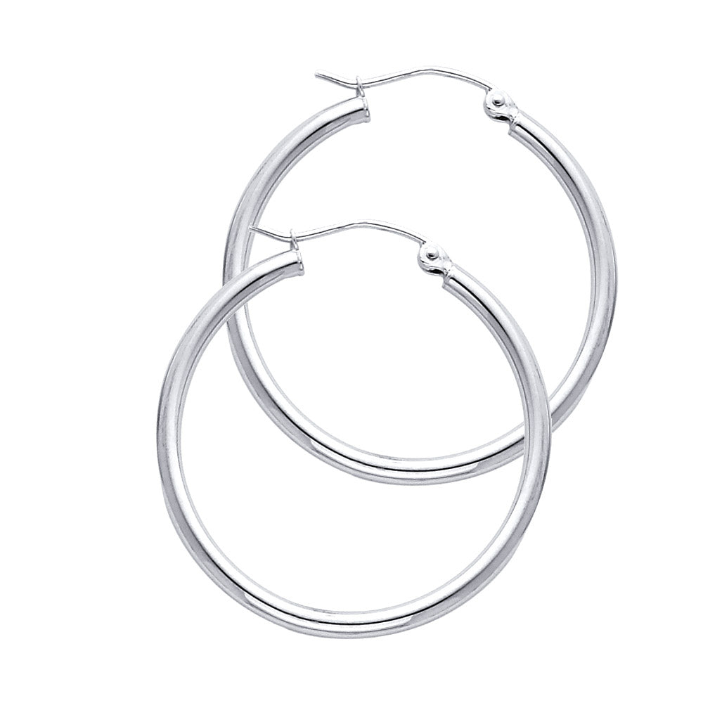 14k White Gold Simple Circle Hoop High Polish Hinge Clasp Traditional Earrings