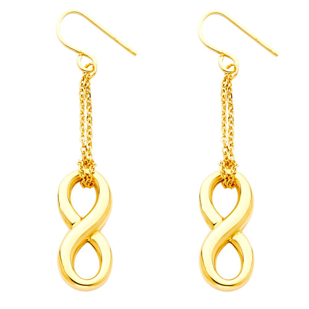 14k Yellow Gold Long Hollow Infinity Knot Hanging Dangling Twist Loop Earrings