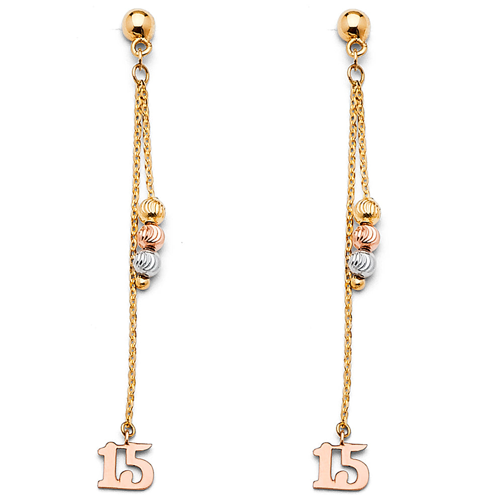 14k Tri-Color Gold Elongated 15 Tassel Bead Quinceanera Hanging Earrings