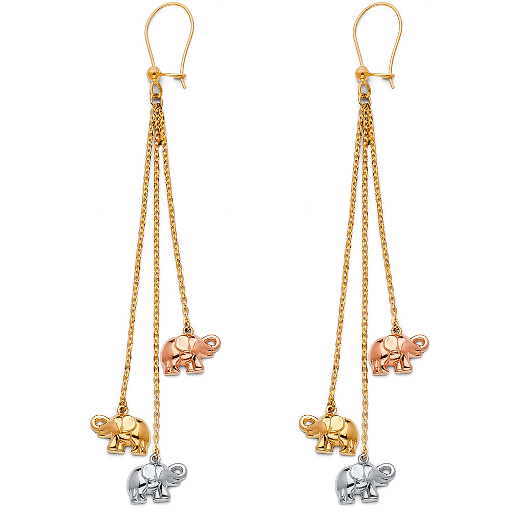 14k Tri-Color Gold Elephant Bead Hanging Dangling Animal Chandelier Earrings