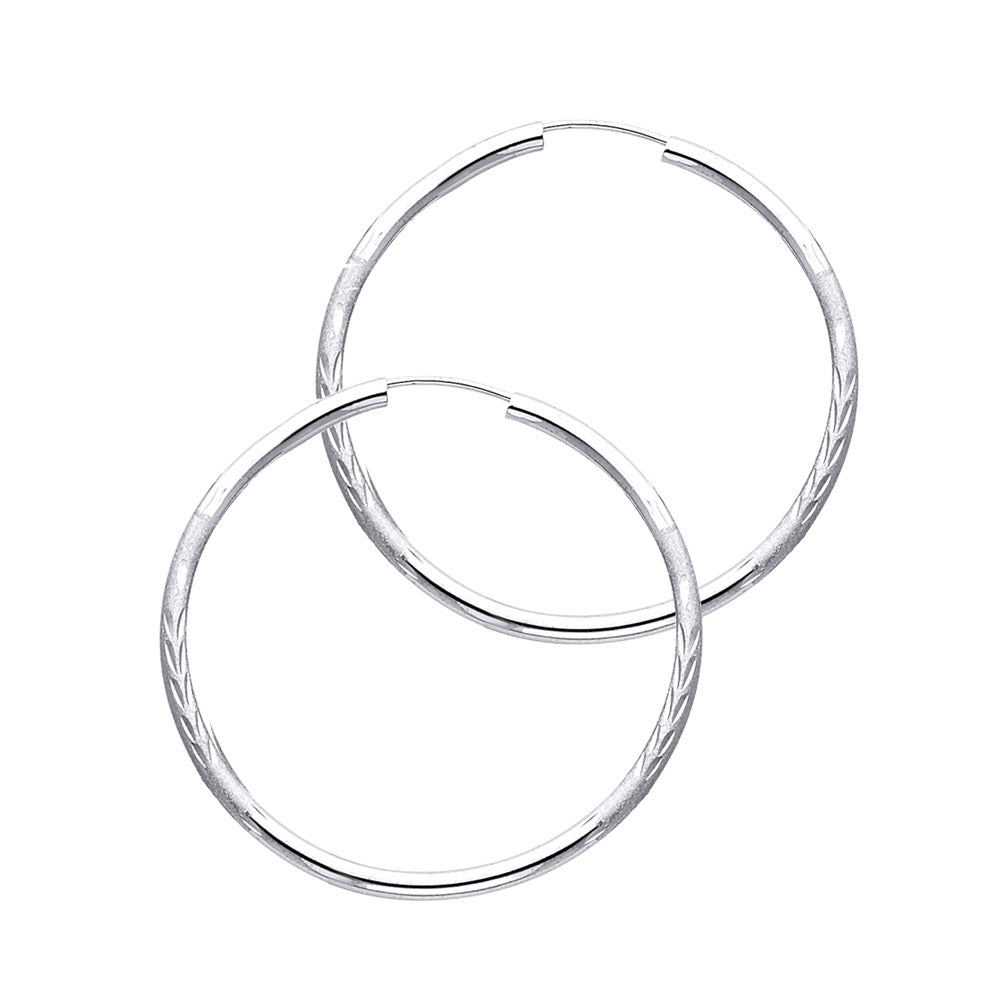 14k White Gold Simple Hoop High Polish Shiny Leaf Pattern Circle Round Earrings