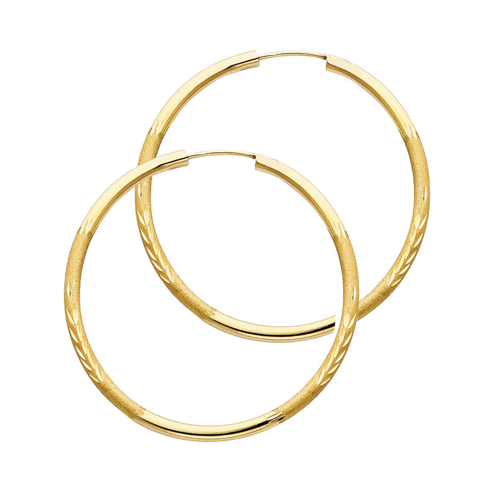 14k Yellow Gold Simple Hoop High Polish Frosted Stripe Circle Round Earrings