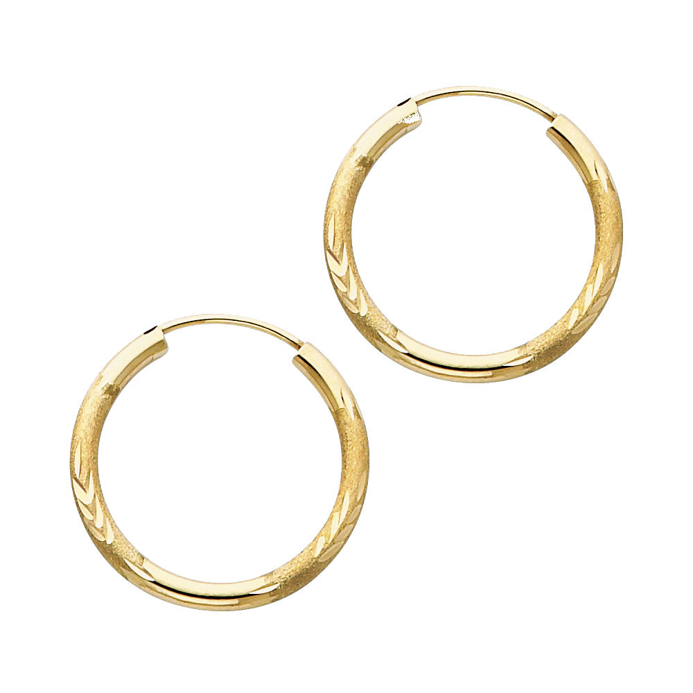 14k Yellow Gold High Polish Hoop Vintage Leaf Diamond-Cut Design Round Earrings