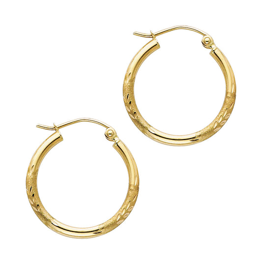 14k Yellow Gold Simple Hoop Diamond-Cut Design Hinge Clasp Circle Earrings