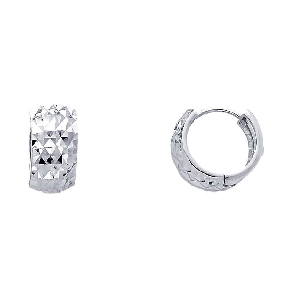 14k White Gold Wide Flat Huggie Hoop Modern Artistic Earrings
