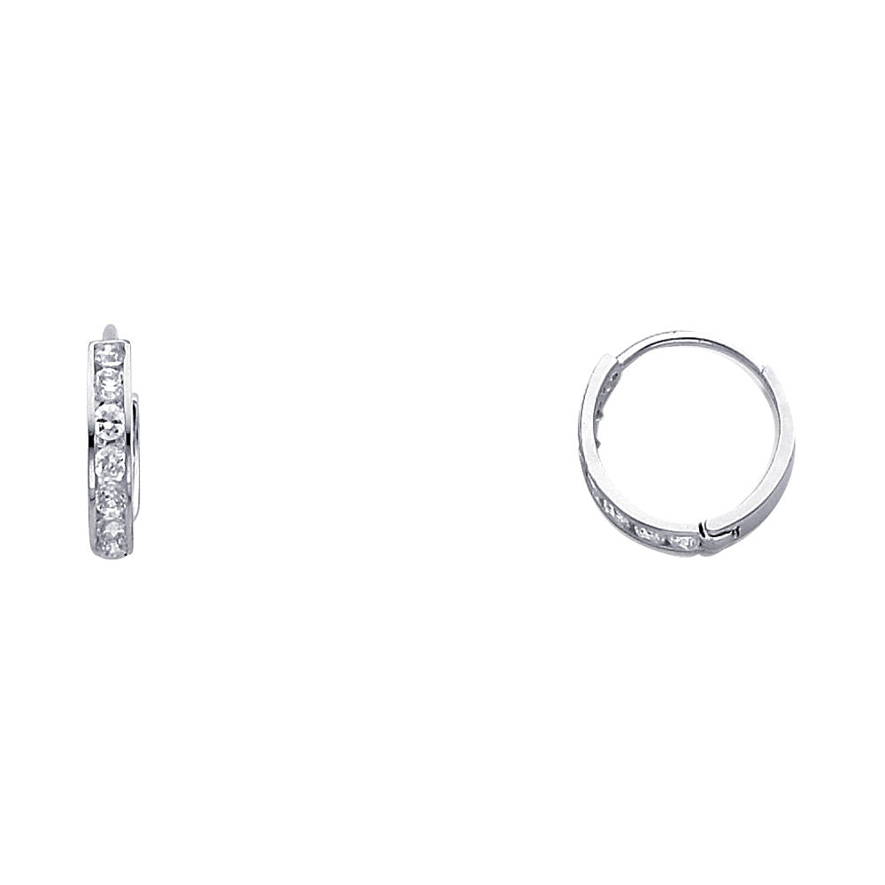14k White Gold Simple Studded Huggie Hoop High Polish Micro Pave Earrings