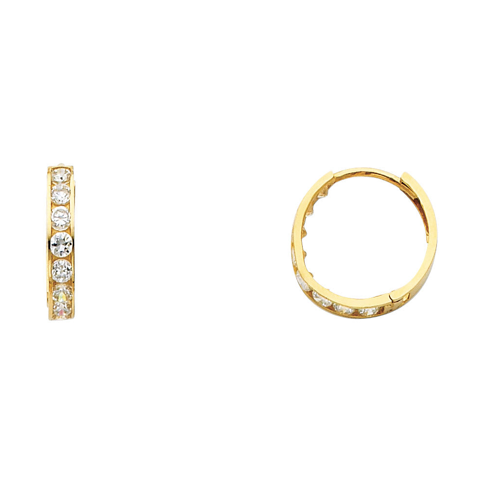 14k Yellow Gold Simple Studded Huggie Hoop High Polish Elegant Earrings