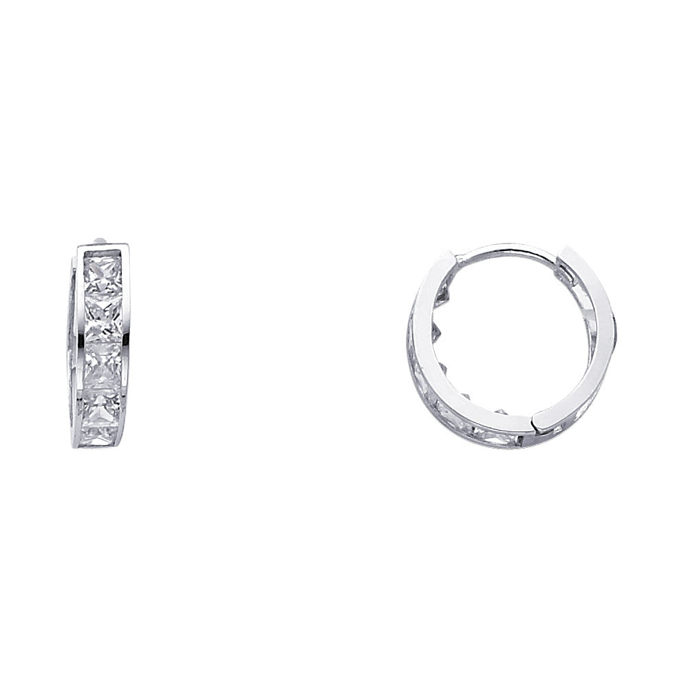 14k White Gold Studded Huggie Hoop Elegant Classic Earrings