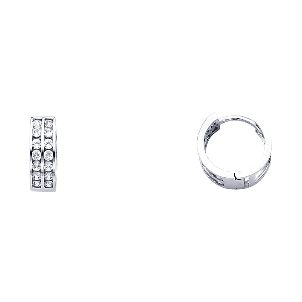 14k White Gold Simple Double Studded Huggie Hoop Round Earrings