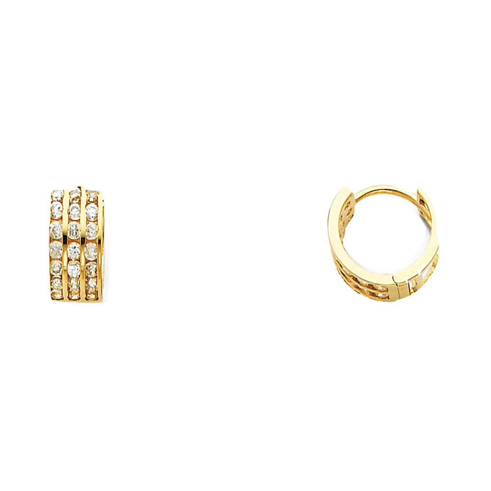 14k Yellow Gold Elegant Triple Studded Hoop Huggie Modern Earrings