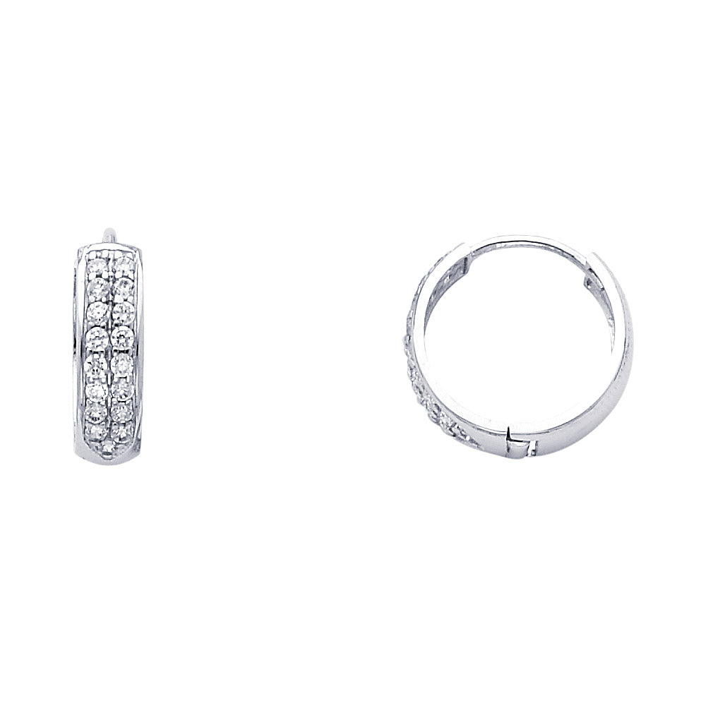 14k White Gold Elegant Studded Huggie Hoop High Polish Sparkly Earrings