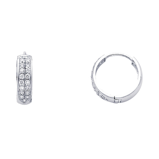 14k White Gold Elegant Studded Huggie Hoop High Polish Sparkly Earrings
