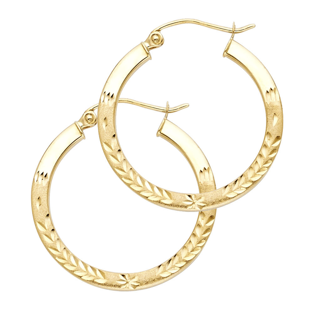 14k Yellow Gold Classic Hinge Clasp Hoop Star Design Diamond-Cut Leaf Earrings
