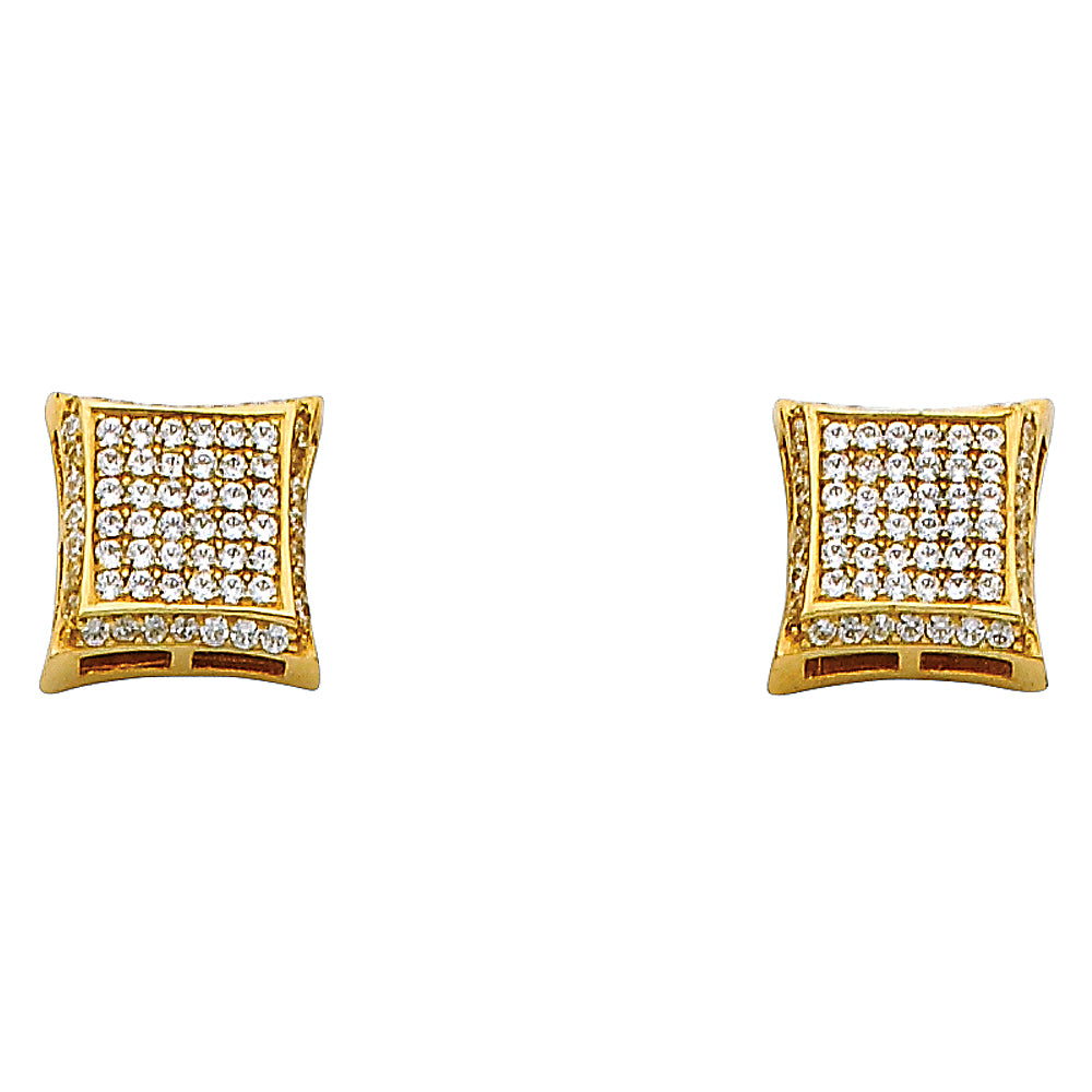 14k Yellow Gold Elegant Micro Pave Square Stud Studded Formal Pillow Earrings