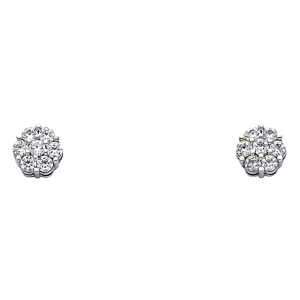 14k White Gold Micro Pave Flower Stud Studded Cluster Elegant Circle Earrings