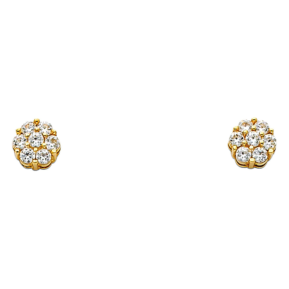 14k Yellow Gold Studded Circle Stud Cluster Micro Pave Classic Flower Earrings