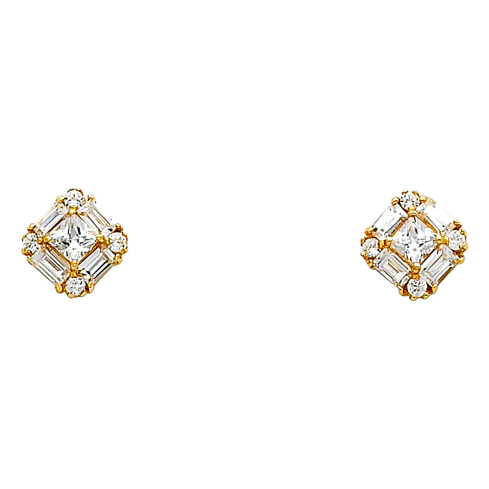 14k Yellow Gold Elegant Art Deco Square Stud Vintage Old Fashioned Earrings