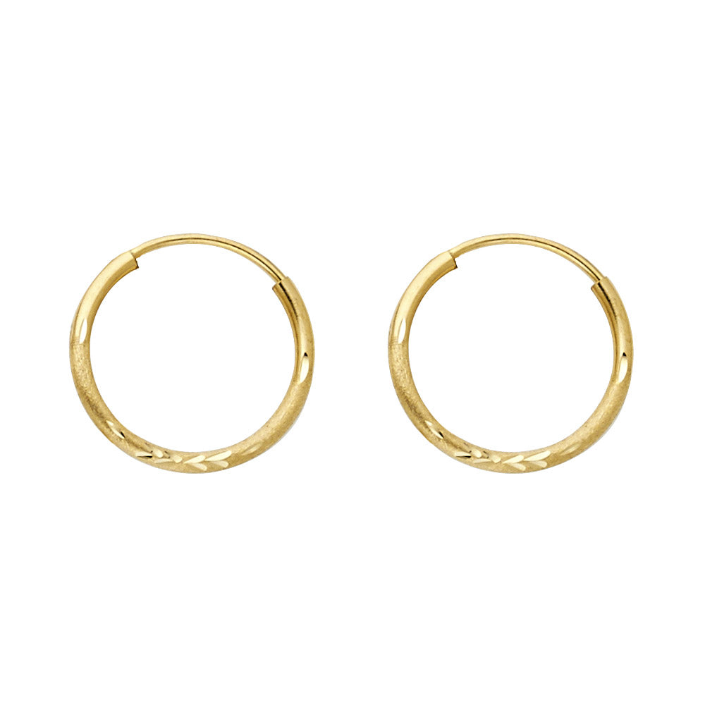 14k Yellow Gold Simple Frosted Hoop Diamond-Cut Flower Earrings