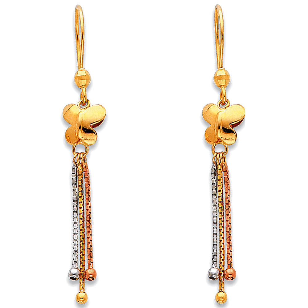 14k Two-Color Gold Ornate Butterfly Dangle Bead Tassel Long Chain Earrings