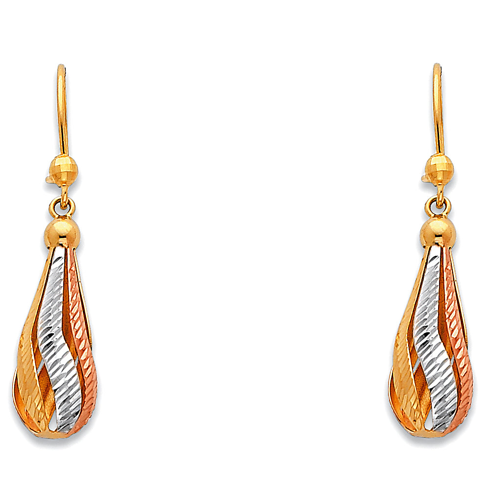 14k Two-Color Gold Cage Teardrop Open Hanging Dangling Wave Earrings