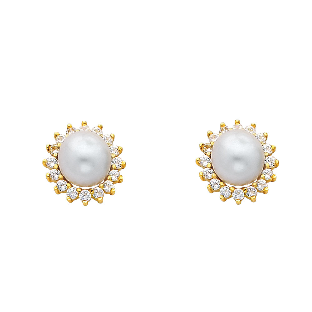 14k Yellow Gold Studded Burst Circle Ball Sphere Simulated Pearl Flower Earrings