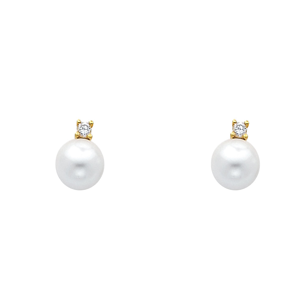14k Yellow Gold Studded Vintage Ball Sphere Round Simulated Pearl Earrings