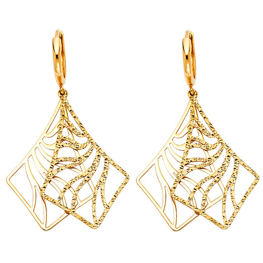 14k Yellow Gold Elegant Detailed Drop Dangle Web Wave Cutout Geometric Earrings