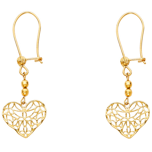 14k Yellow Gold Ornate Web Heart Open Filigree Swirl Hanging Dangling Earrings