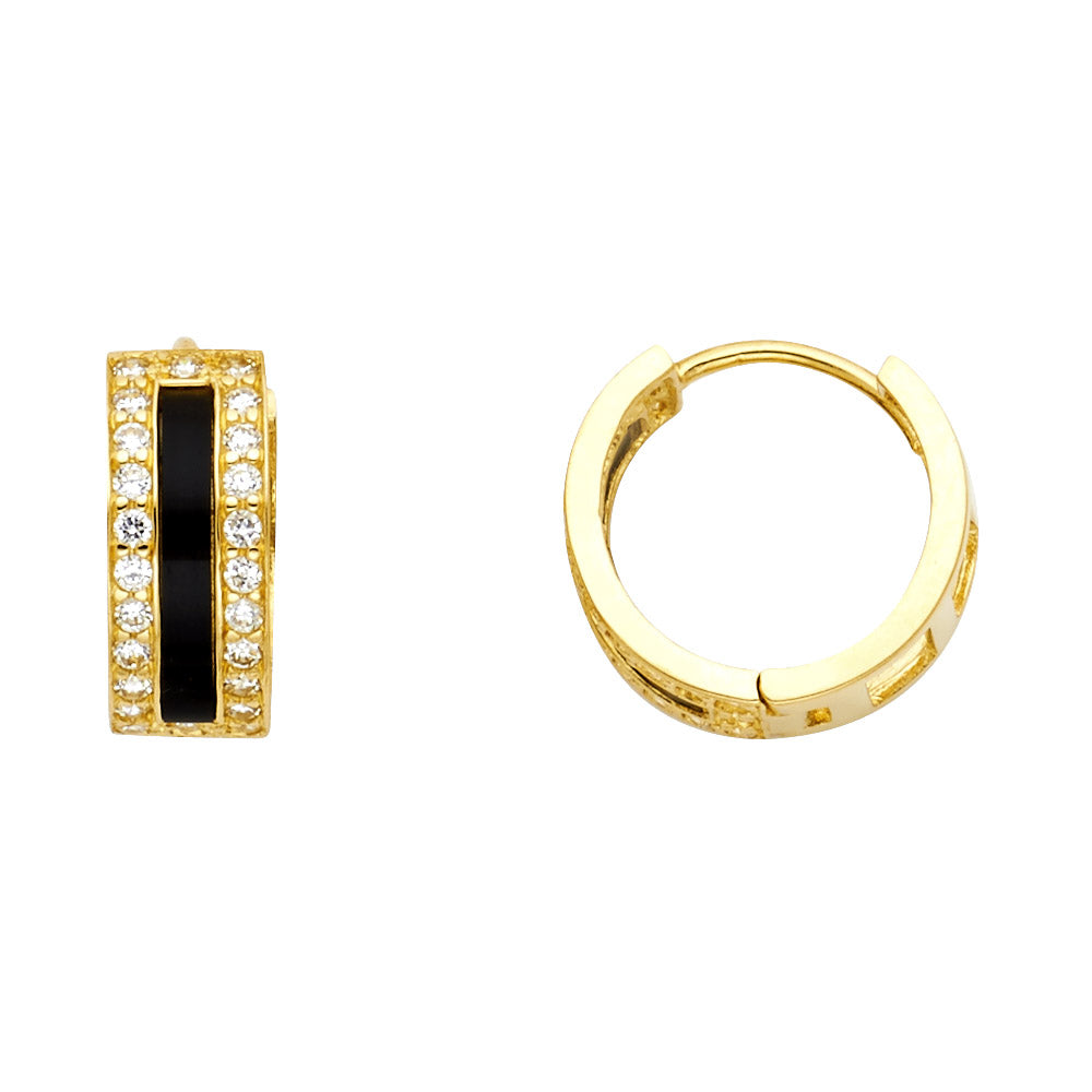 14k Yellow Gold Studded Huggie Hoop Black Bar Art Deco Vintage Earrings